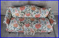 Vintage Queen Anne Mahogany Camelback Settee Sofa Crewel Style Fabric Down Seat