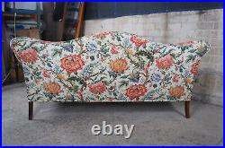 Vintage Queen Anne Mahogany Camelback Settee Sofa Crewel Style Fabric Down Seat