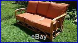 Vintage Rattan Bamboo Sofa Couch Orange Naugahyde Cushions Tropical Asian Modern