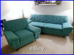 Vintage Retro 1950's Aqua Turquoise Frieze Sofa Couch And Matching Chair
