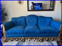 Vintage Royal Blue Suede Sofa 2 Chairs, Ottoman