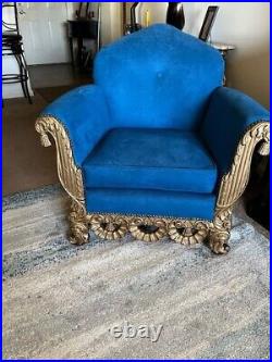 Vintage Royal Blue Suede Sofa 2 Chairs, Ottoman