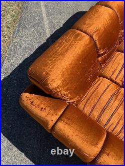 Vintage Sofa Couch Settee Crushed Velvet Tufted Mid-Century Orange Crush A+