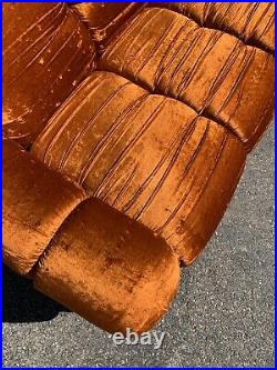 Vintage Sofa Couch Settee Crushed Velvet Tufted Mid-Century Orange Crush A+