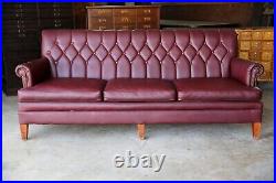 Vintage Sofa MCM Burgundy wood legs lounge living room mid century faux leather