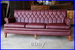 Vintage Sofa MCM Burgundy wood legs lounge living room mid century faux leather