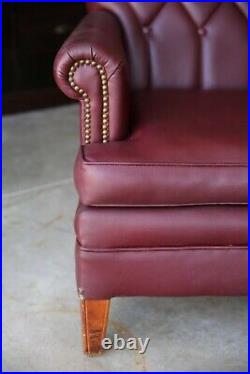 Vintage Sofa MCM Burgundy wood legs lounge living room mid century faux leather