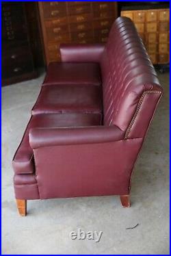 Vintage Sofa MCM Burgundy wood legs lounge living room mid century faux leather