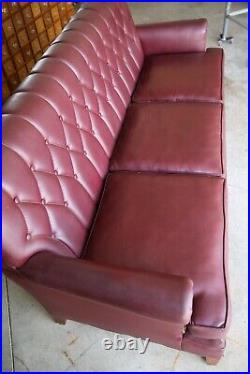 Vintage Sofa MCM Burgundy wood legs lounge living room mid century faux leather