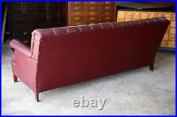 Vintage Sofa MCM Burgundy wood legs lounge living room mid century faux leather