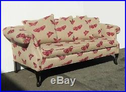 Vintage Sofa Pink Butterflies on Beige Linen French Country Couch Down Feathers