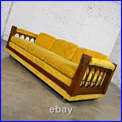 Vintage Spanish Revival Gold Textured Fabric Sofa with Turned Spindle Sides
