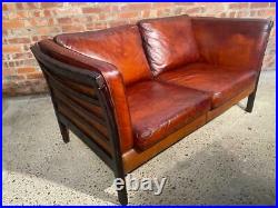 Vintage Stouby Danish 1970 Patinated Brown Two Seater Leather Sofa