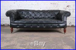 Vintage Tufted Black Leather Chesterfield Sofa, Circa 1960s