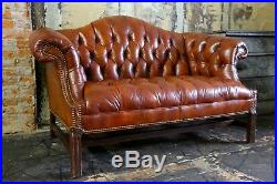 Vintage Tufted Button Chesterfield Sofa Loveseat Cigar Leather Brown Furniture