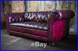 Vintage Tufted Button Chesterfield Sofa Oxblood Purple Leather Couch Furniture