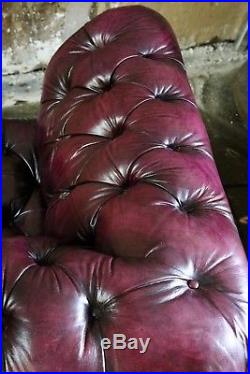 Vintage Tufted Button Chesterfield Sofa Oxblood Purple Leather Couch Furniture