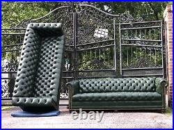 Vintage Tufted Green Leather Chesterfield sofa set