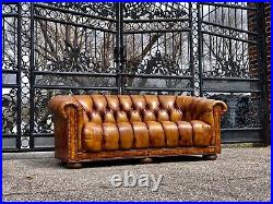 Vintage Tufted Leather Chesterfield Curved Loveseat or Sofa