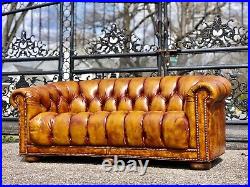 Vintage Tufted Leather Chesterfield Curved Loveseat or Sofa