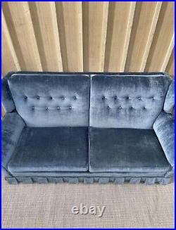 Vintage Two Cushion Couch French Blue Velvet In Excellent Condition