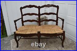 Vintage Two Seater Country French Style Settee withRush Seat & Stretcher Base