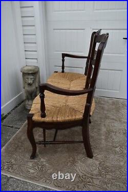 Vintage Two Seater Country French Style Settee withRush Seat & Stretcher Base