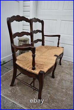 Vintage Two Seater Country French Style Settee withRush Seat & Stretcher Base