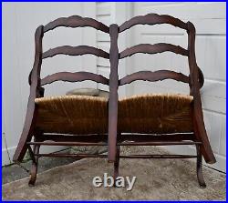 Vintage Two Seater Country French Style Settee withRush Seat & Stretcher Base