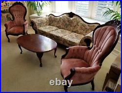 Vintage Victorian Empire Style Sofa Couch-2 Gentlemans Chairs-Oval Coffee Table
