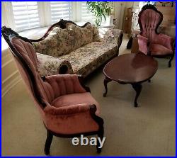 Vintage Victorian Empire Style Sofa Couch-2 Gentlemans Chairs-Oval Coffee Table
