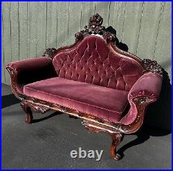 Vintage Victorian French Settee Sofa Loveseat Burgundy Carved Ornate High Back