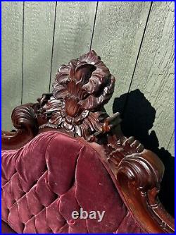 Vintage Victorian French Settee Sofa Loveseat Burgundy Carved Ornate High Back