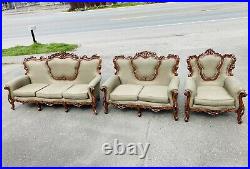 Vintage Victorian Italian French Sofa Settee Chair 3pc Living Room Carved Ornate