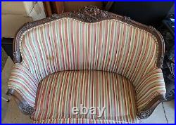 Vintage Victorian Loveseat Settee Couch- Gorgeous Carved Wood Upholstered