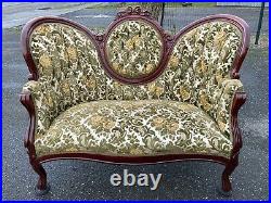 Vintage Victorian Settee Swoop Curved Loveseat Sofa Couch Olive Green Yellow