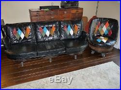 Vintage black vinyl whiskey bourbon barrel couch & chair 1970's retro diamond OH