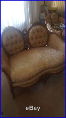 Vintage louis the15th loveseats possibly cherry wood frame golden fabric design
