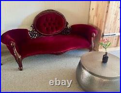 Vintage sofa, red velvet, perfect condition, stunning wooden details, 72x28x39