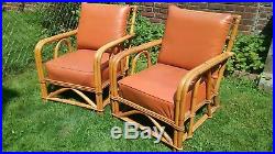 Vtg Antique 5 Pc Rattan Bamboo Patio Set Sofa 2 Chairs Cushions 2 End Tables