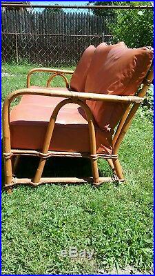 Vtg Antique Rattan Bamboo Sofa Couch Thick Orange Naugahyde Cushions Ficks Reed