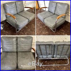 Vtg Art Deco Machine Age Royal Metal Gray/Blue Vinyl Chrome Chair & Sofa/Settee