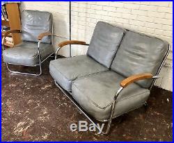 Vtg Art Deco Machine Age Royal Metal Gray/Blue Vinyl Chrome Chair & Sofa/Settee
