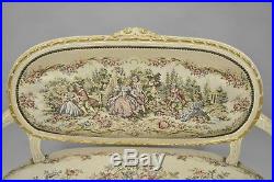 Vtg French Louis XVI Style Distress Painted Cream & Gold Gilt Wood Settee Sofa