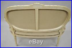 Vtg French Louis XVI Style Distress Painted Cream & Gold Gilt Wood Settee Sofa