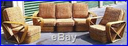 Vtg Paul Frankl Style 6 Strand Rattan Bamboo Sectional Sofa 2 Arm Chairs