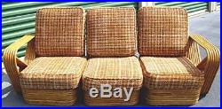 Vtg Paul Frankl Style 6 Strand Rattan Bamboo Sectional Sofa 2 Arm Chairs