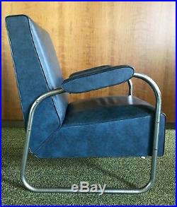Vtg Tubular Chrome Chair Accent Vinyl Leather MCM Industrial Cole Steel Blue