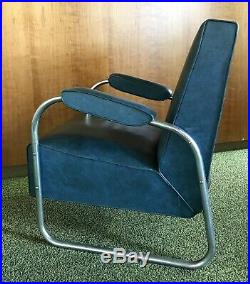 Vtg Tubular Chrome Chair Accent Vinyl Leather MCM Industrial Cole Steel Blue