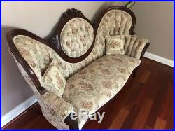 Walnut Empire Victorian Love Seat beige withfloral design